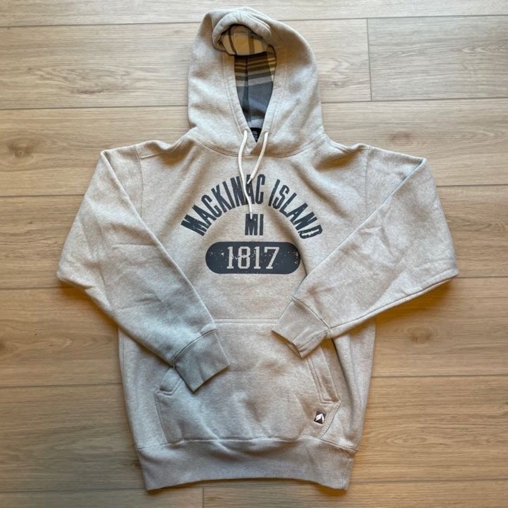 Outfitter Trading Co Mackinac Island MI 1817 Plaid Lined Hoodie Gray Small
